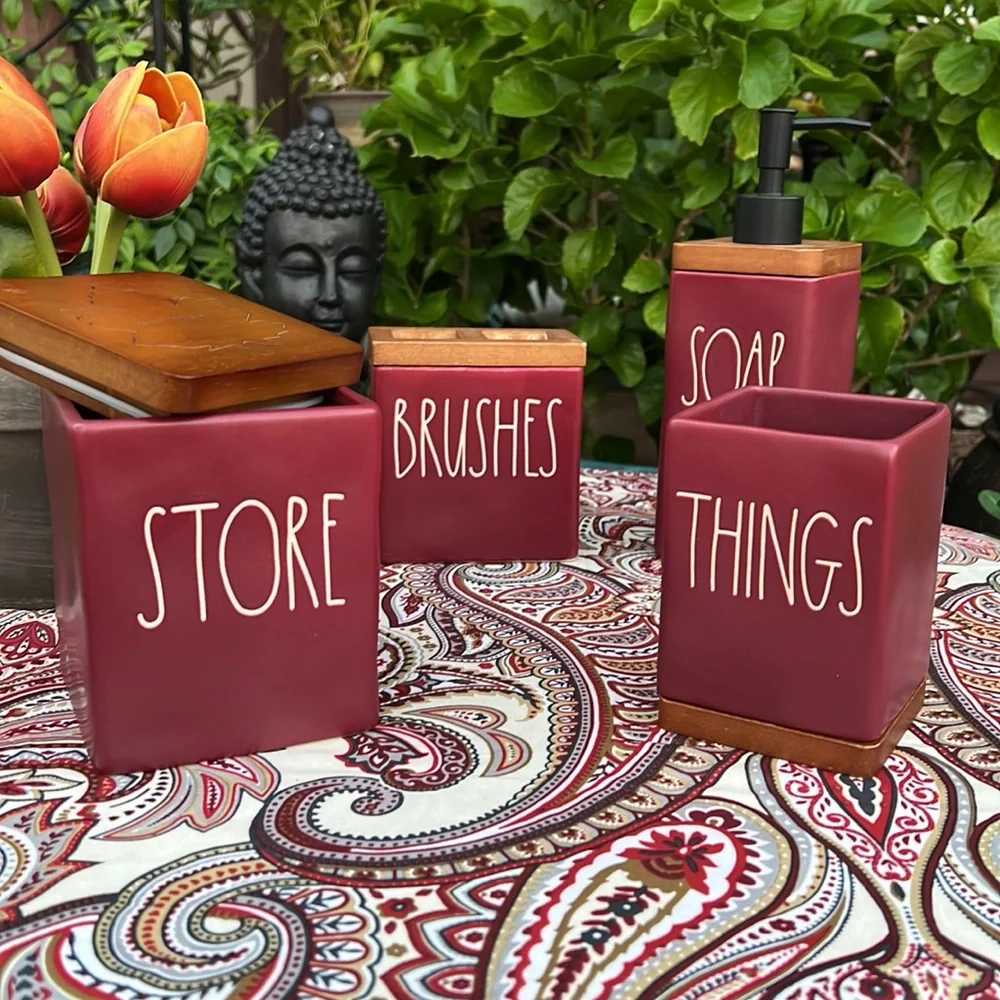 New Rae Dunn Burgundy Bathroom Toiletries 4 Piece Accessories Set